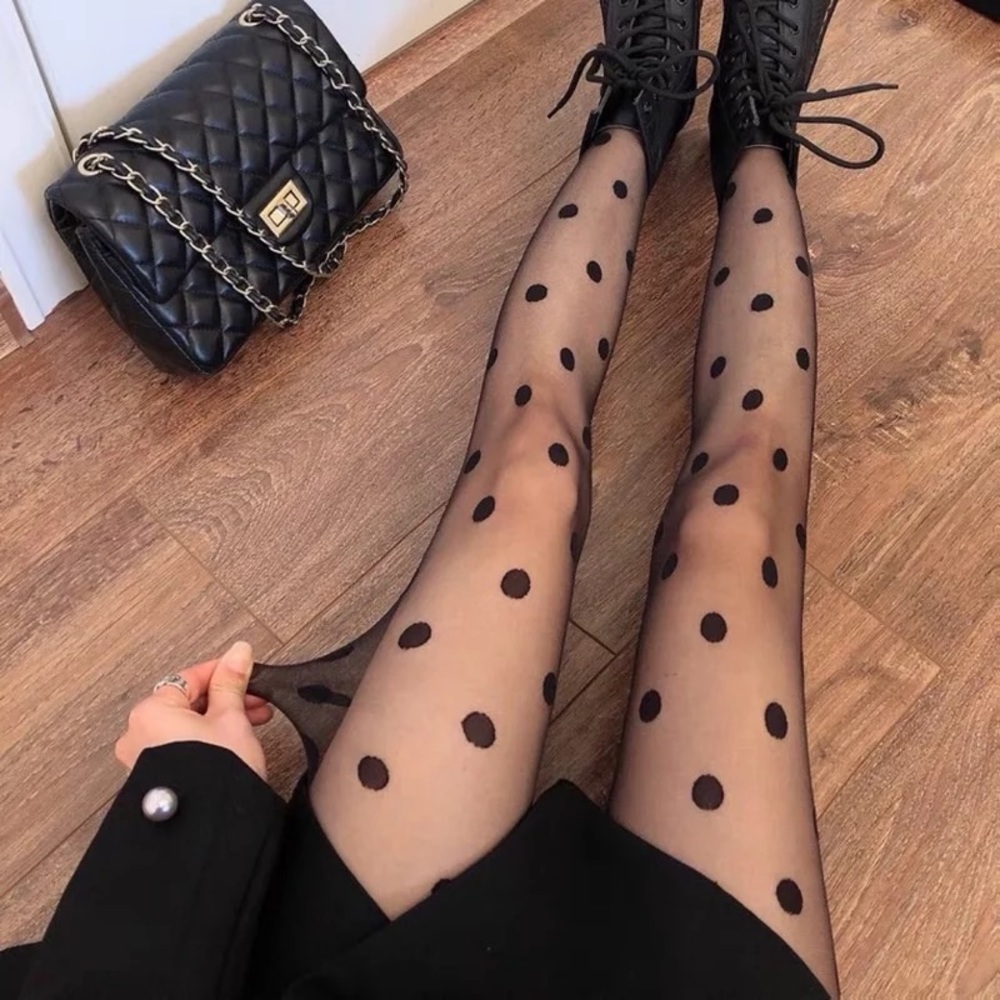 NWT black sheer dot tights stockings mesh thin large spots sexy black tights - Picture 5 of 15